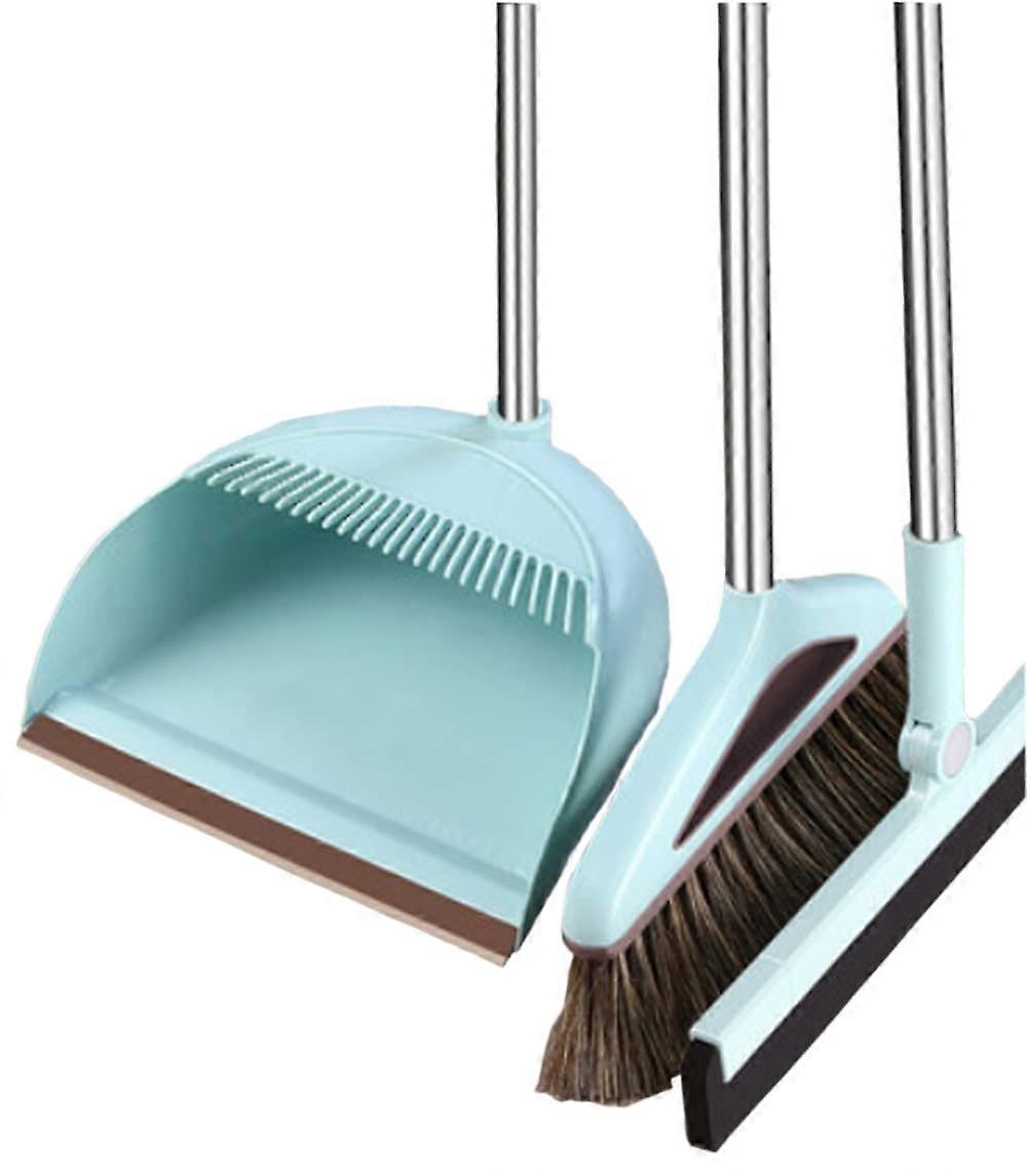Broom and Dustpan Set Combo, Round Three Piece Floor Squeegee with Horse Mane Bristles for Indoor Outdoor Use