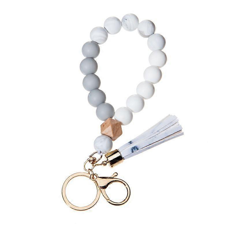 Silicone Key Ring Bracelet Wristlet Keychain Unique Beaded Bangle Key Chains with Leather Tassel Anti-lost key ring(Marble)