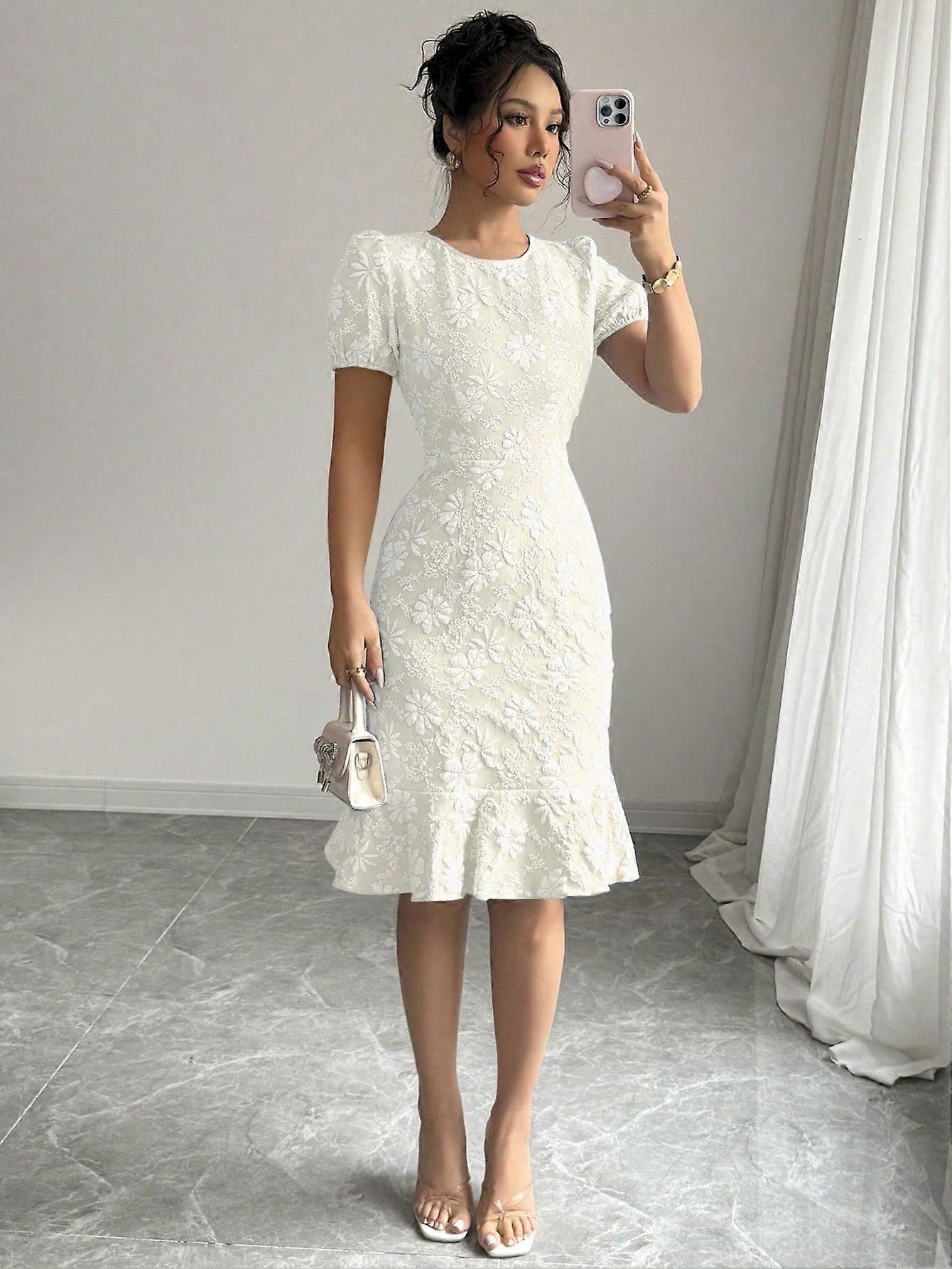 Elegancka żakardowa sukienka midi z bufiastymi rękawami - 2025 Wiosna Lato