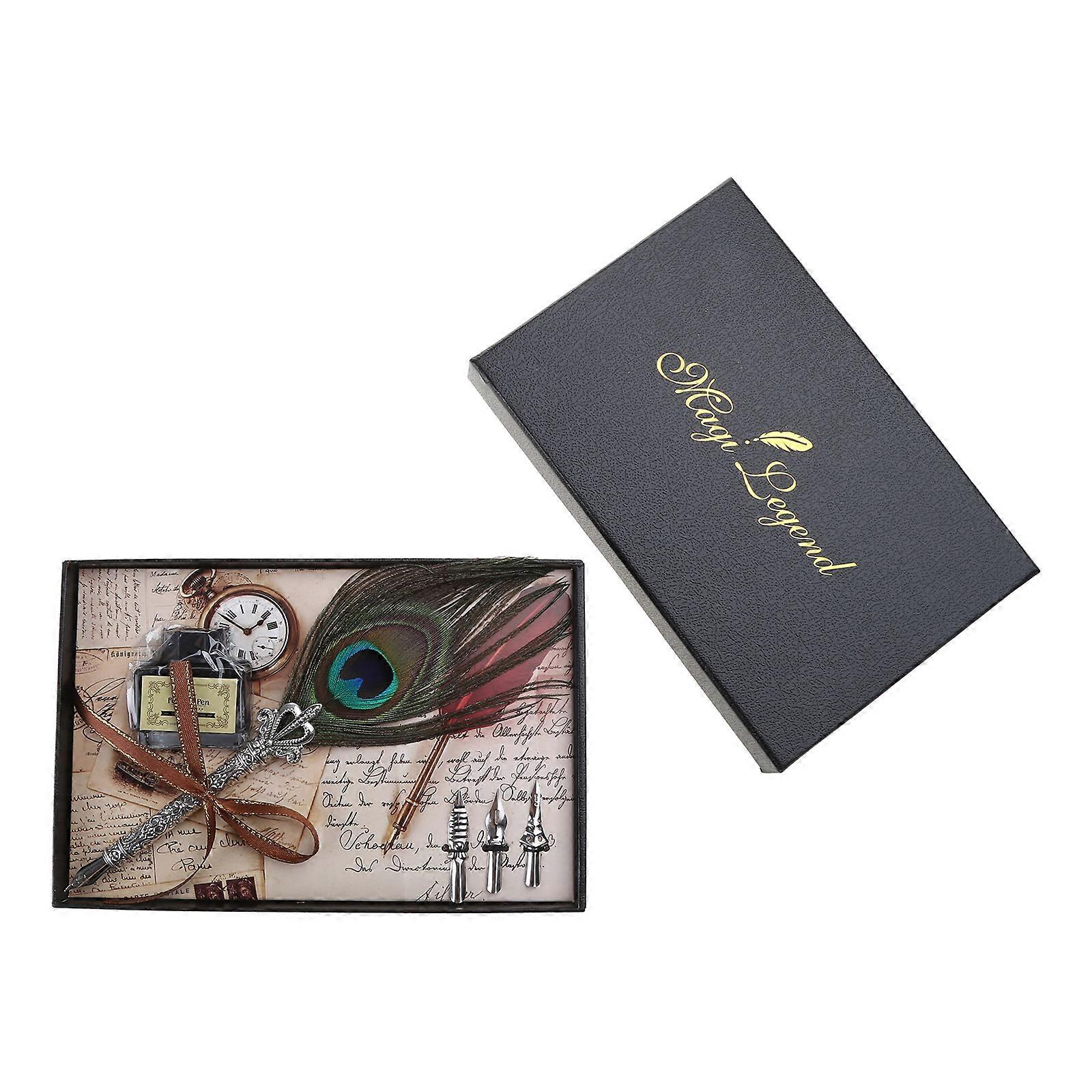 Vintage Handmade Peacock Feather Quill Dip Fountain Pen + Writing Ink 3 Nibs Kit Mixed Color