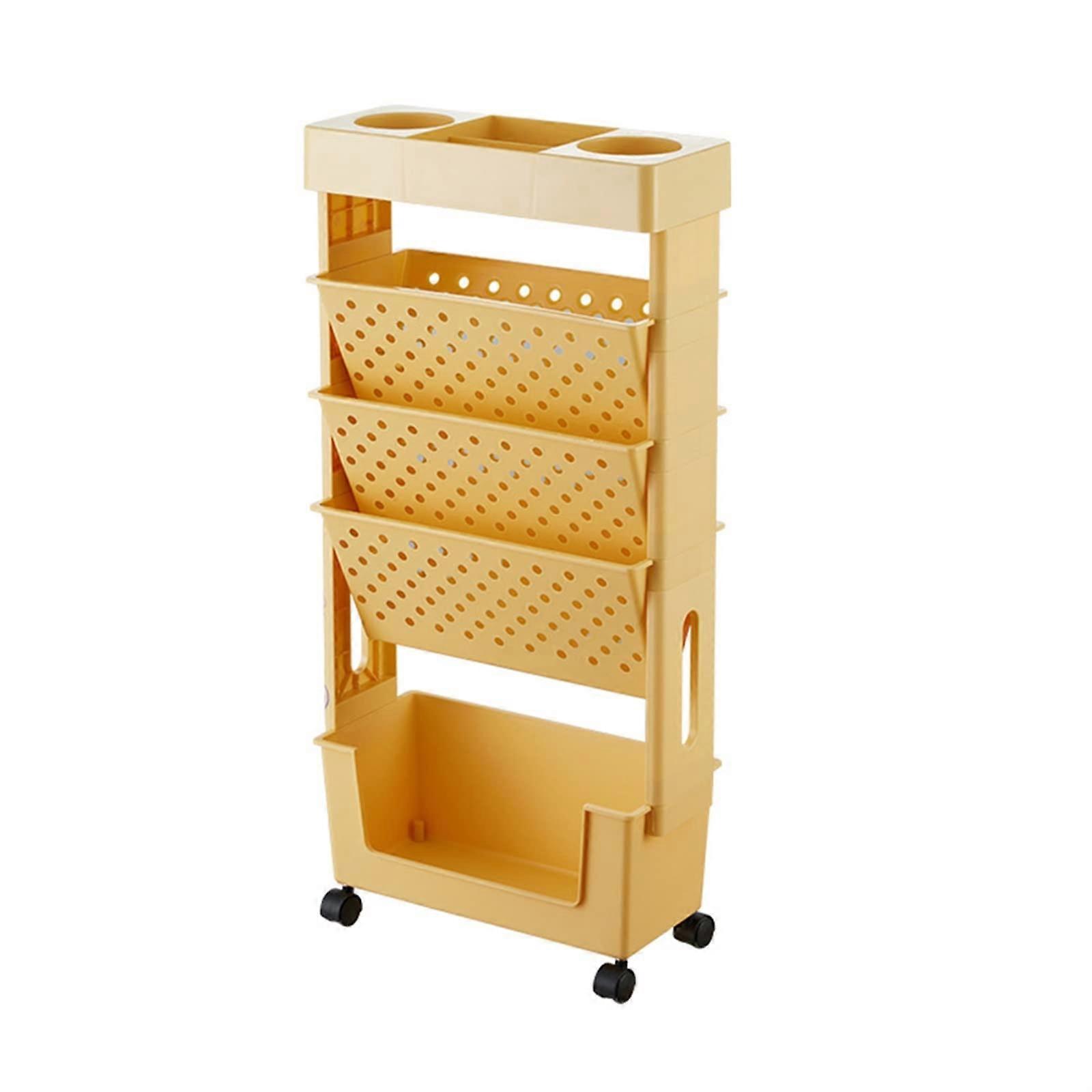 5 Tier Magazine Rack with Wheels Rolling Shelf Unit for Multipurpose Storage, Mobile Trolley Cart Space Saving Wheels Orange