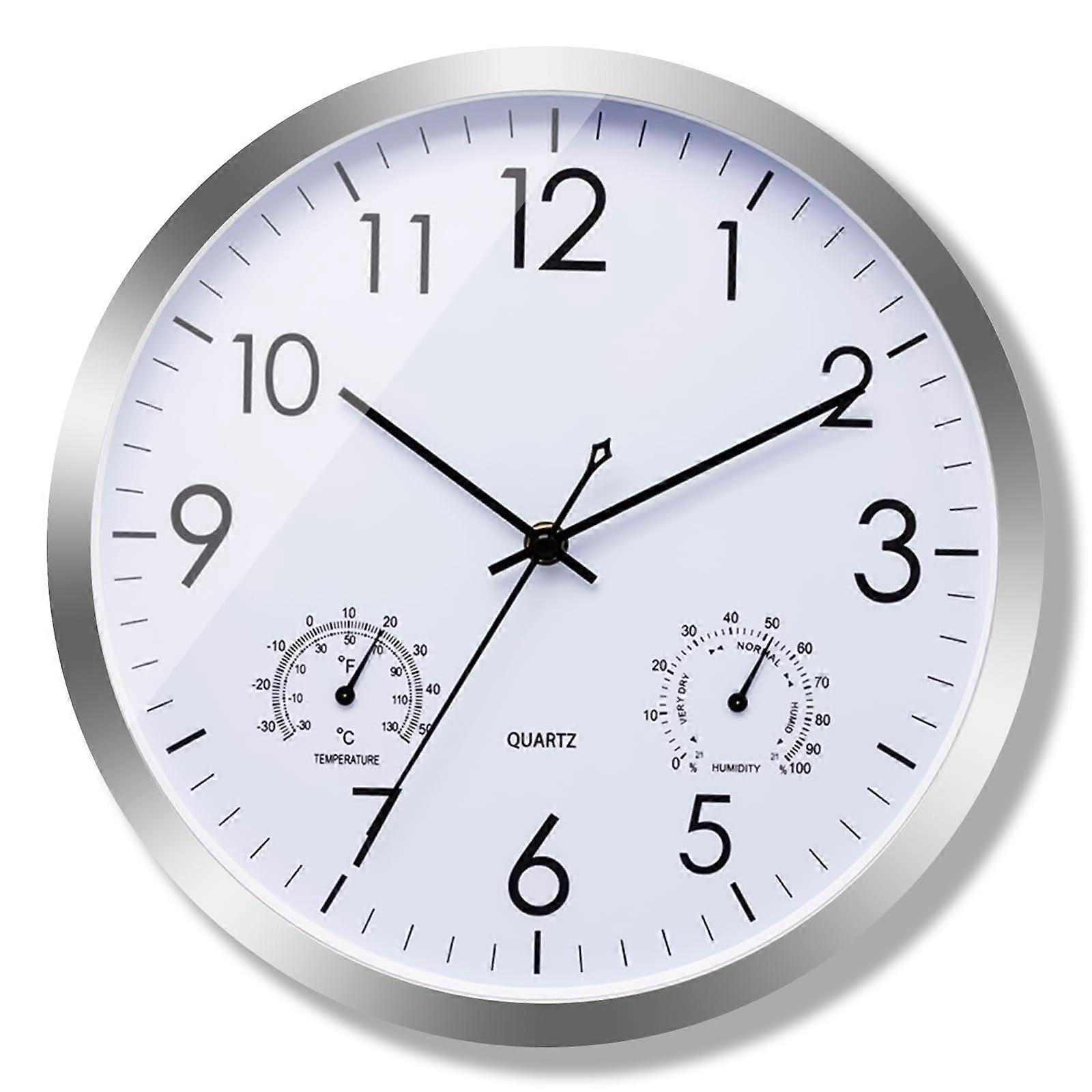 Quartz Wall Clock with Temperature Display, Hygrometer, Silent Sweep, Silver White
