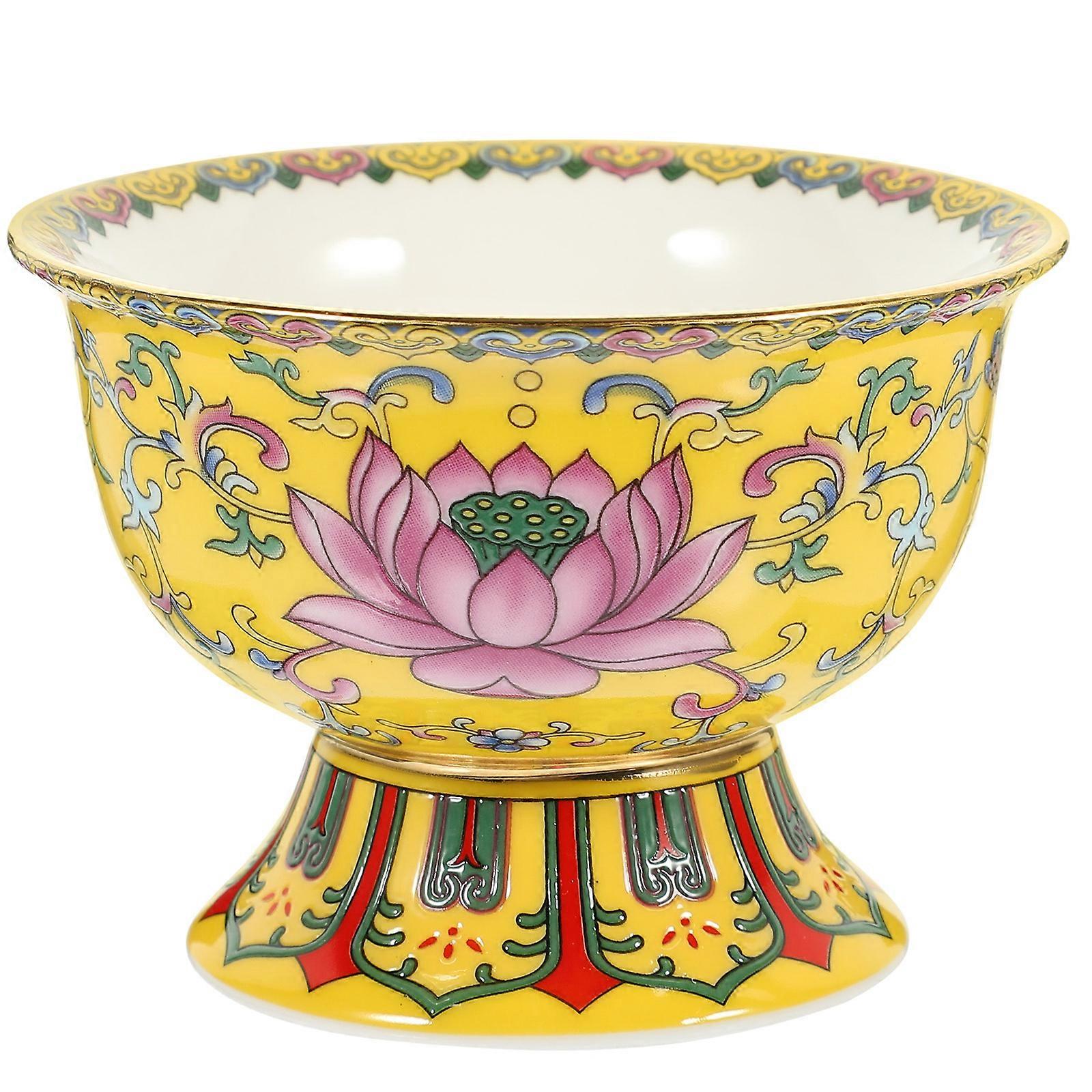 Enamel Lotus Temple Bowl High Footed Offering Container with Auspicious Buddhist Patterns for Home Decor & Meditation