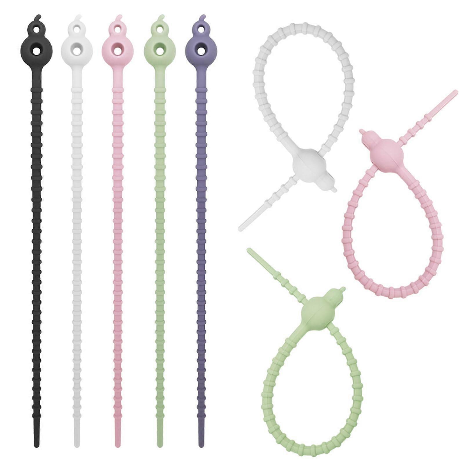 Package with 5 ties with elastic silicone wire bindings, practical cable management, reusable rubber cable organizers.