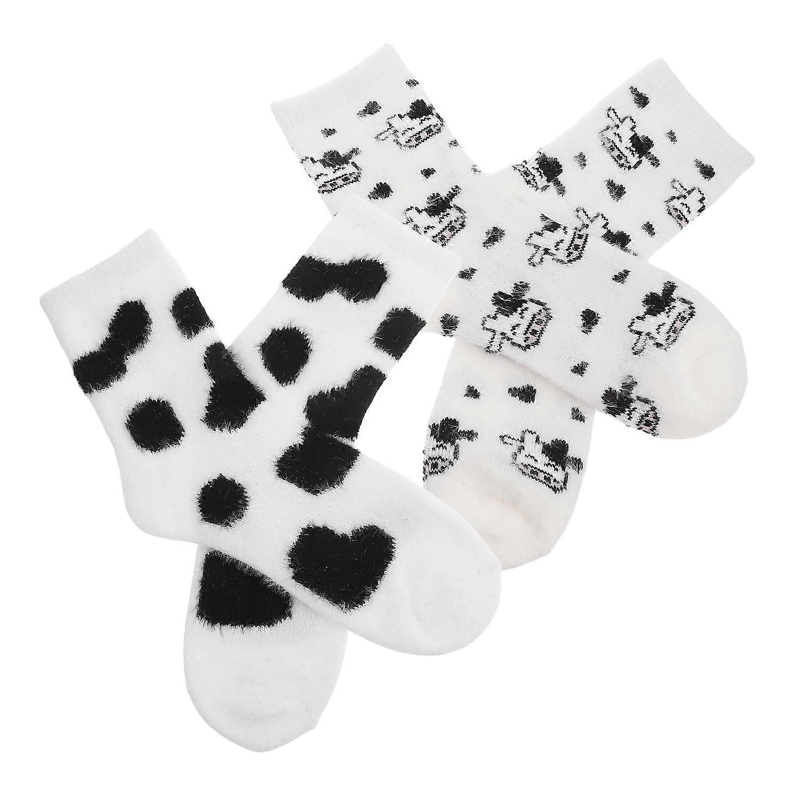 Furry Design Socks for Women Autumn and with Cow Pattern Sweat-absorbing 2Pcs