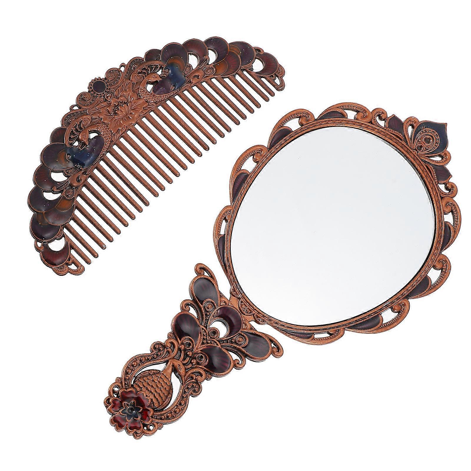 Vintage Comb Mirror Set Coffee 16.7X8.2CM Alloy Retro Pattern Office Party Travel Home Use Makeup Eyebrow Tweezing 1Set