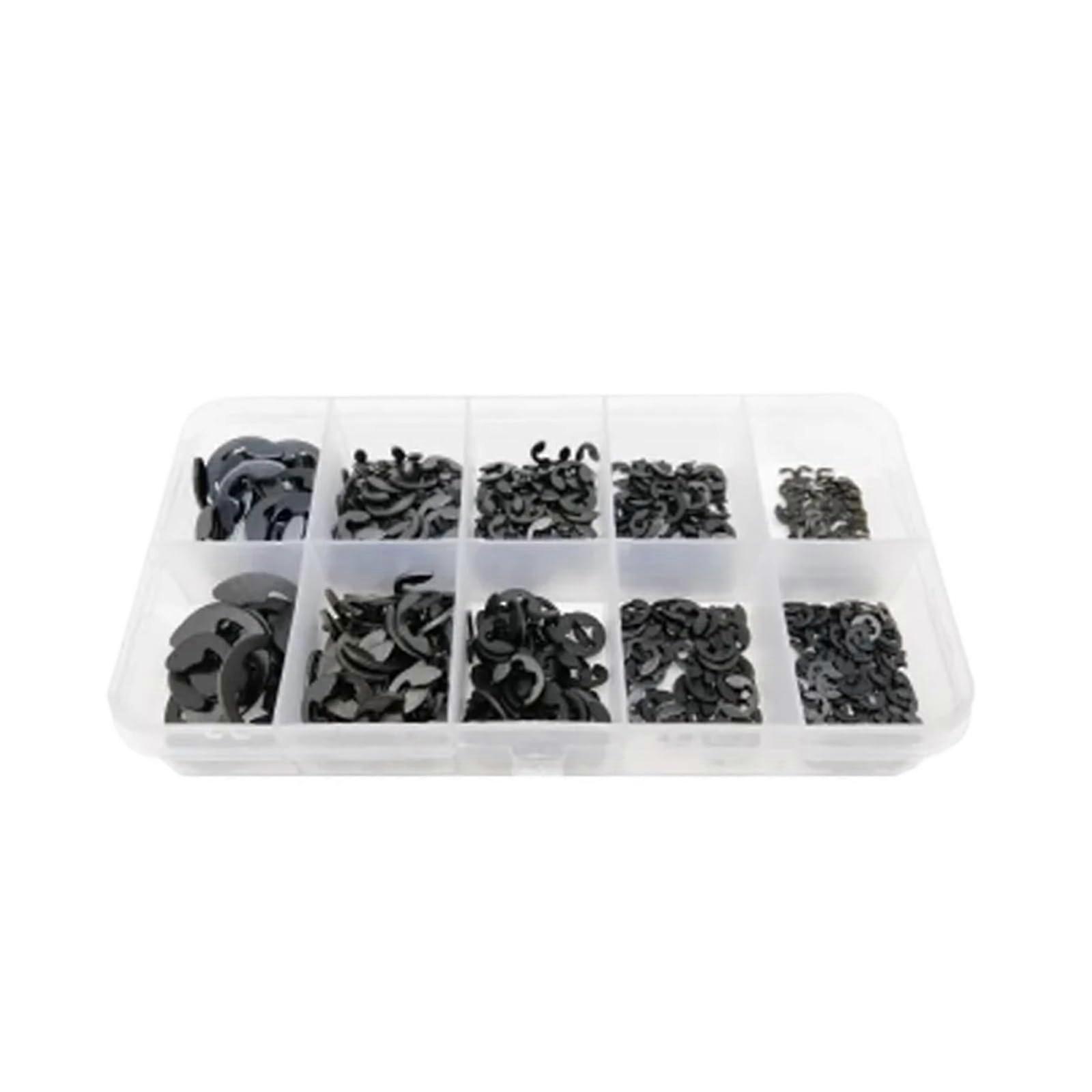 580/1000 Piece Black Carbon Steel Washers M1.2 to M15 with External Retaining Rings and E-Clips for Shaft Applications