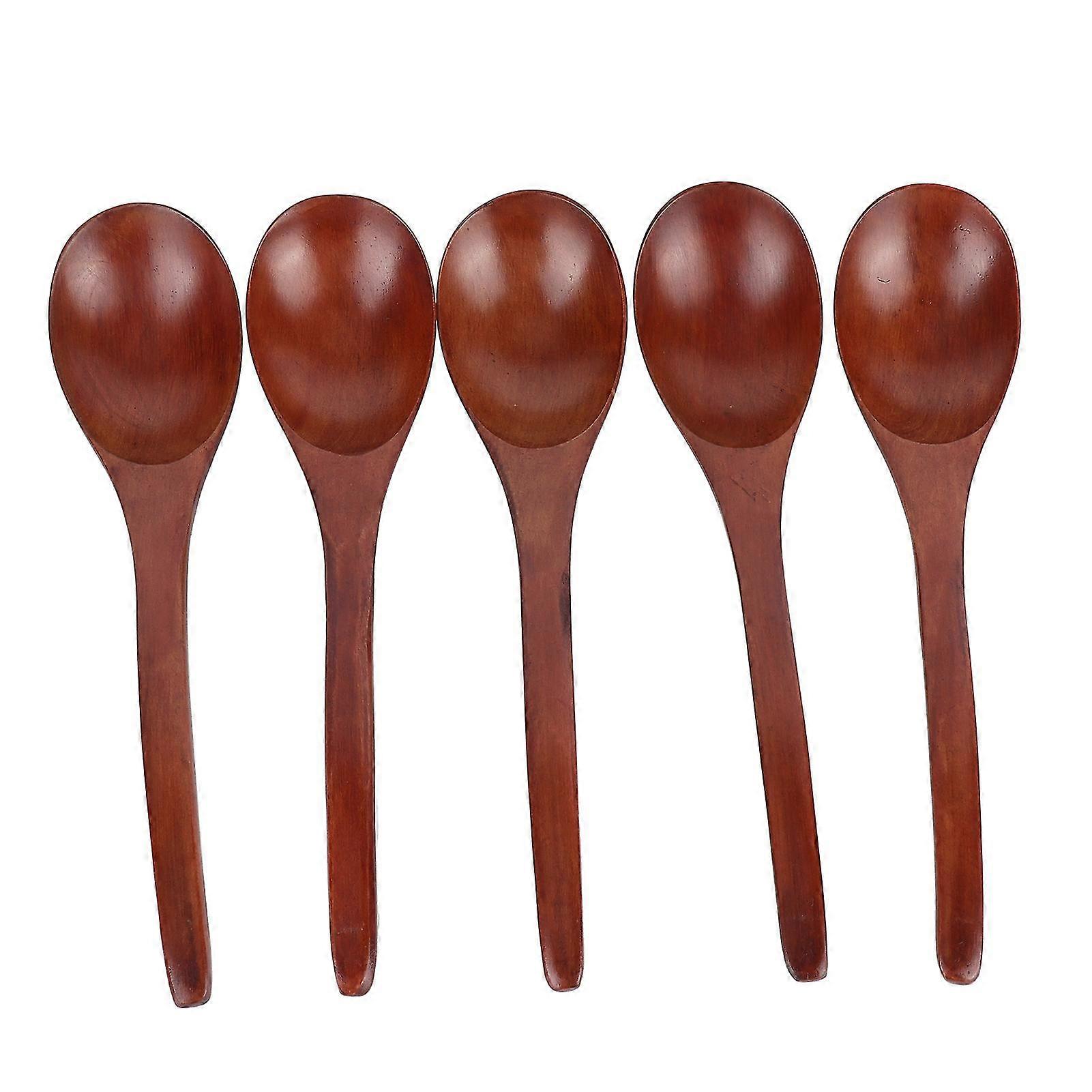 Set of 5 Wooden Soup Spoons with Curved Handles - Multi-Purpose Rice Scoops for Home Kitchen Cooking & Serving