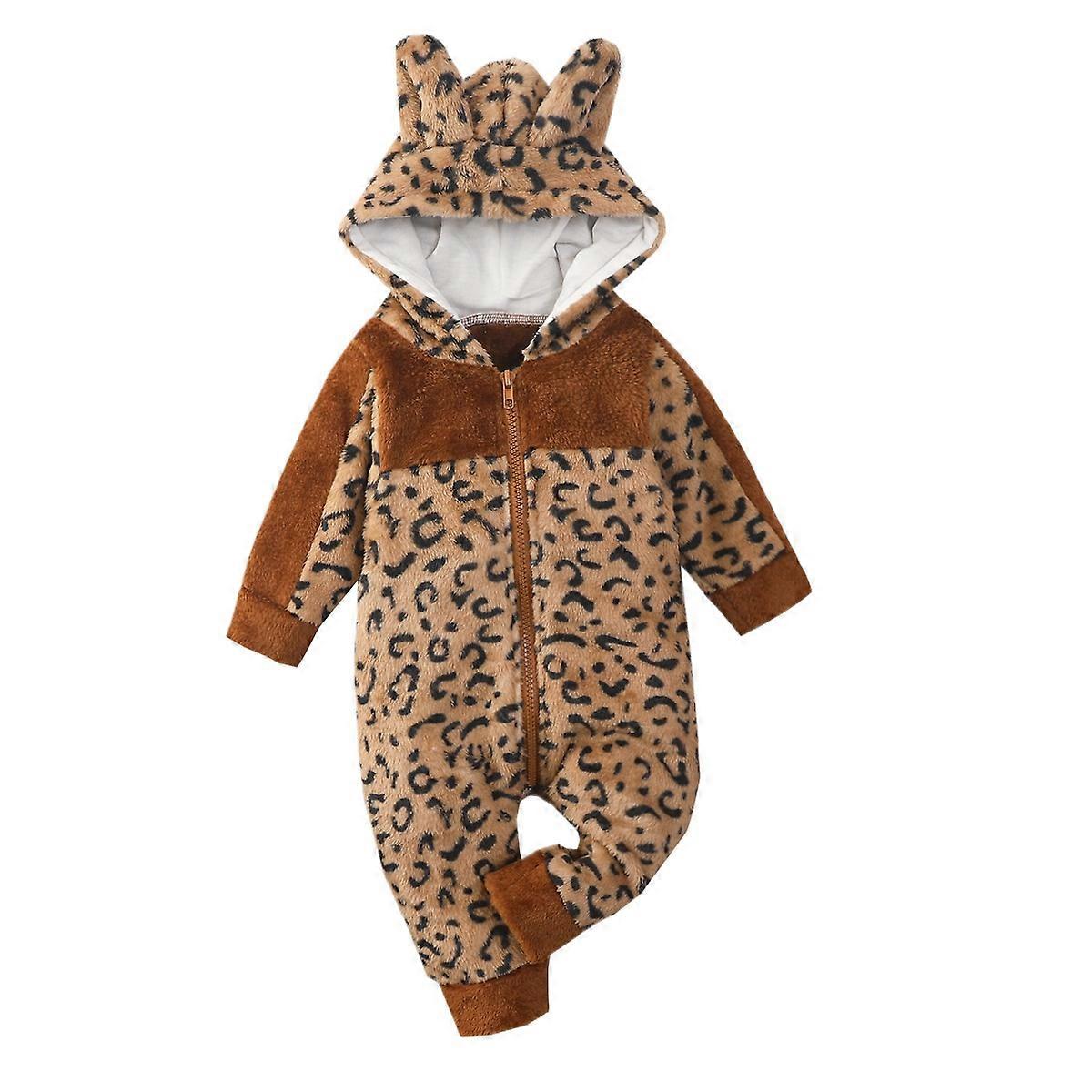 Infant Leopard Print Patchwork Long Sleeve Zipper Romper Fuzzy Hooded Jumpsuit