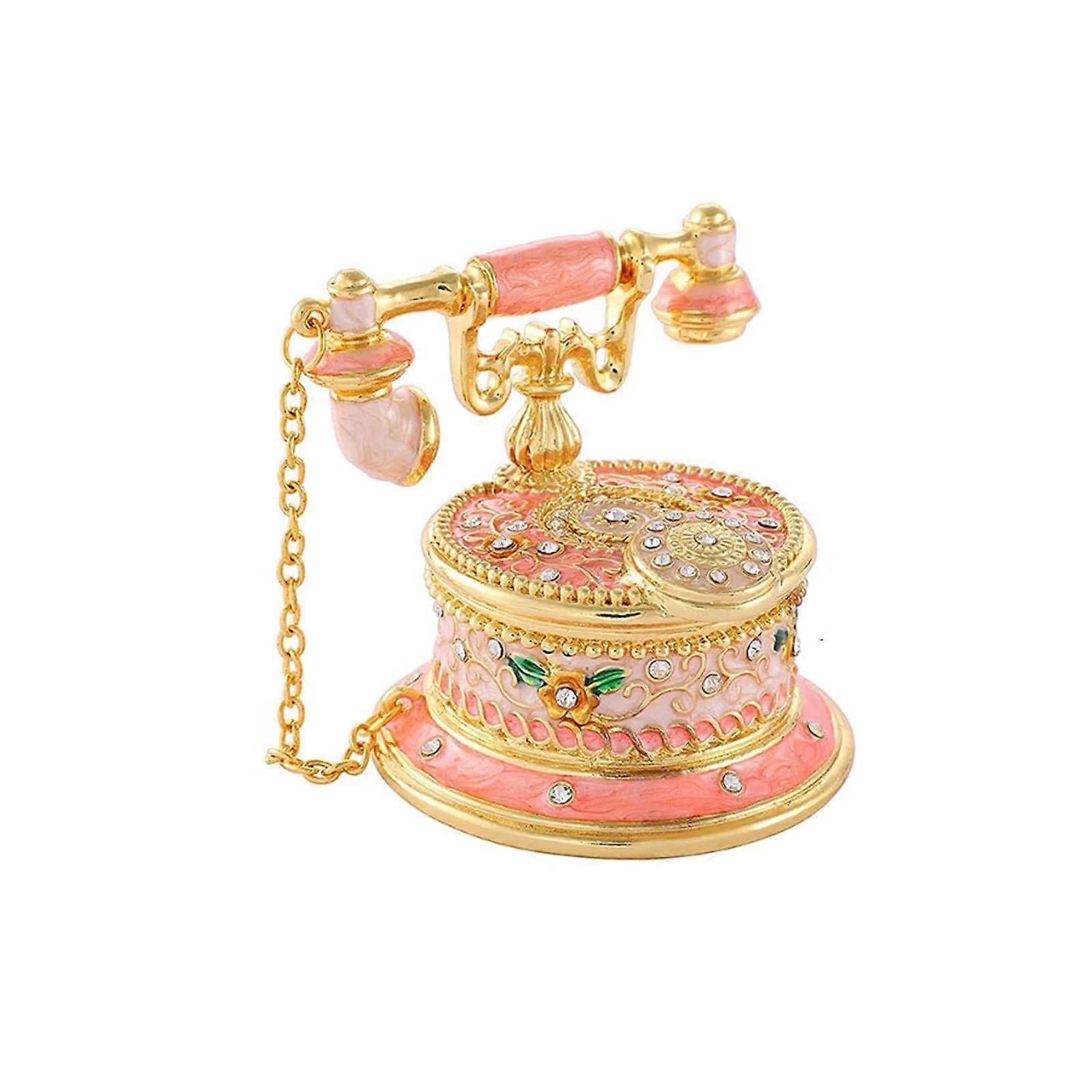 Telephone Shaped Jewelry Box Small Vintage Metal Desktop Organizer For Rings Earrings Necklaces And Bracelets Pink