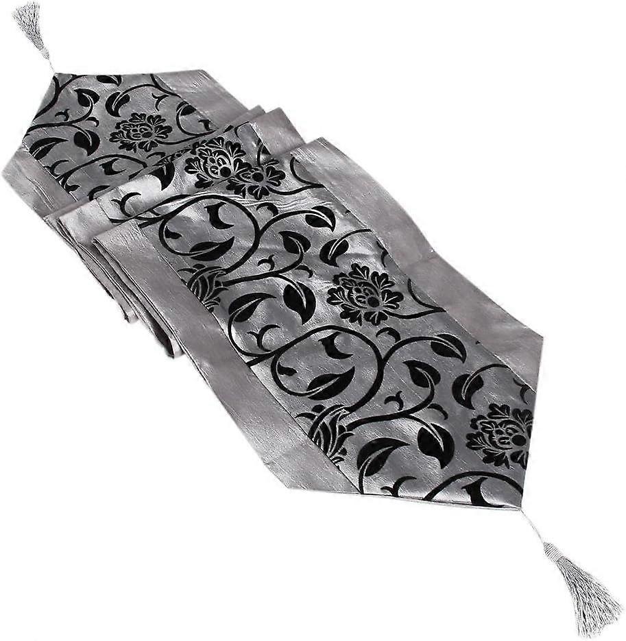 Table runner modern black, 33 x 180 cm, table decoration flocked damask table