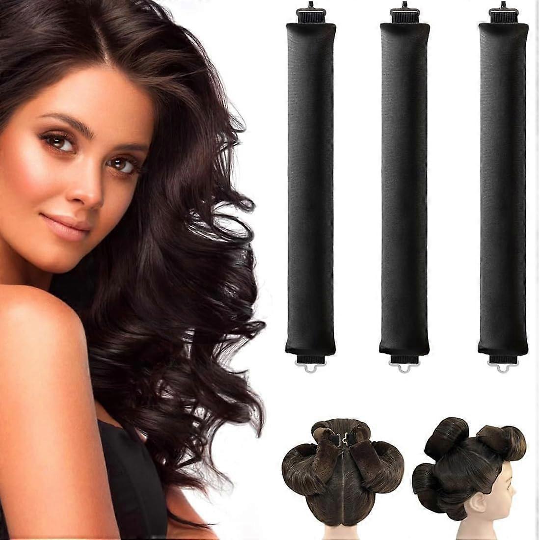 Heat Hair Rollers 3Pack, Heatless Curls Band With Hooks, Overnight Blowout Curls For All Hair Types, Black