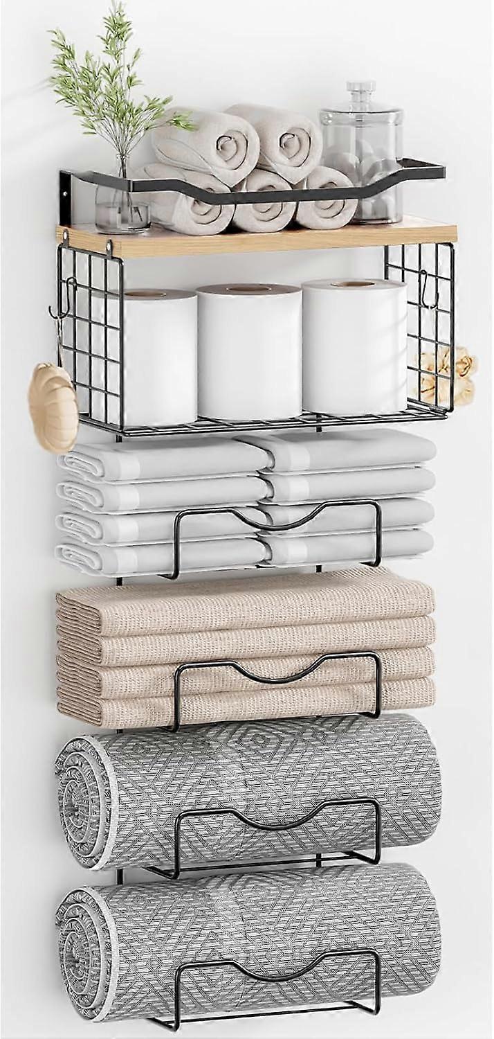 6-Tier Wall Mounted Towel Rack with Floating Shelves, Metal & Walnut Wood, Compatible with Rolled/Folded Towels for Bathroom Use