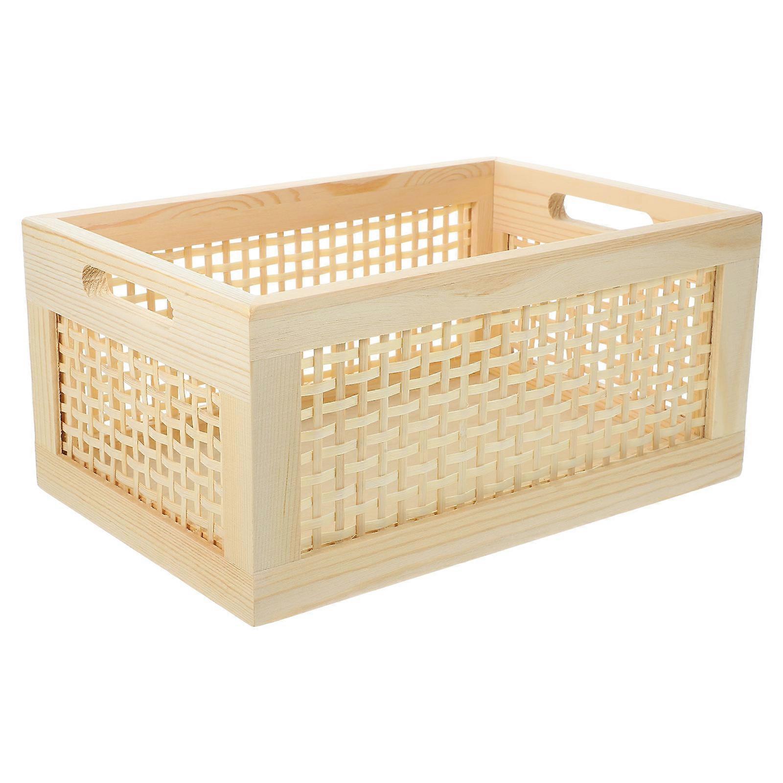 Desktop Bamboo Bin Storage Basket for Storage 2Pcs Hollow Handle Light Yellow