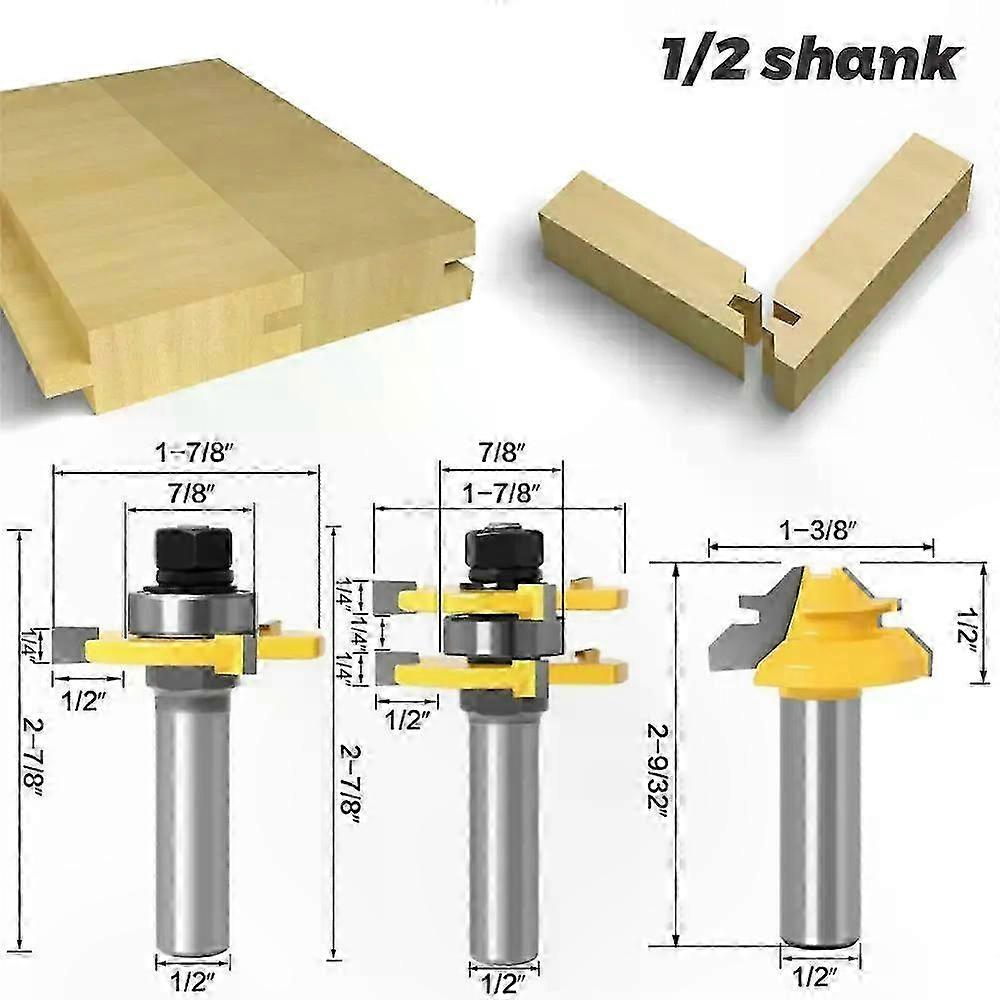 3-Piece Tongue & Groove Router Bit Set, 12mm Shank, 45 Degree Lock Miter Cutter for Woodworking Projects
