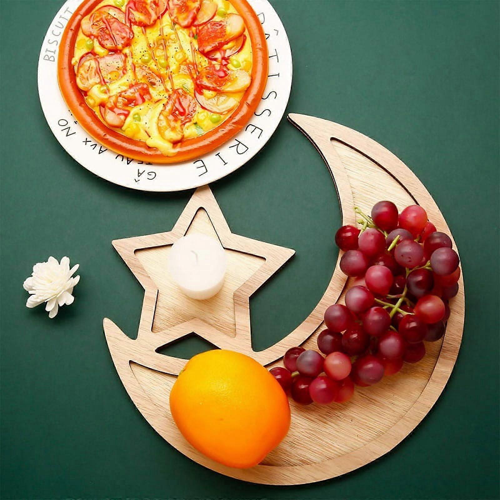 2 Sets Ramadan Wood Tray Moon Wooden Star Tableware Eid Mubarak Serving Tableware for Breakfast,B