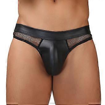 Cueca fio dental masculina de cintura baixa, modelo T-back, em couro sintético com detalhes em tela e bolsa frontal, preta, tamanho XL