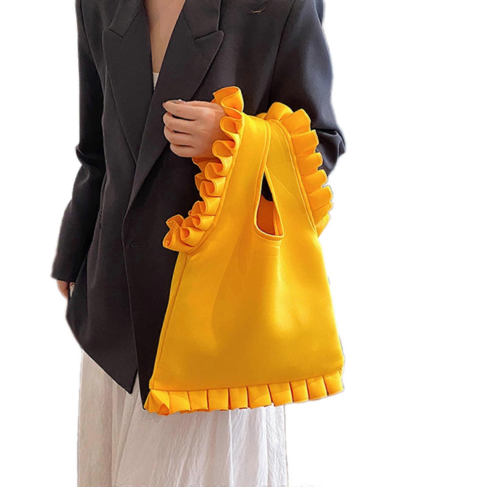 주름진 주름 장식 트림 겨드랑이 가방 여성용 싱글 숄더 핸드백 밝은 단색 대용량 겨드랑이 가방 지갑 옐로우