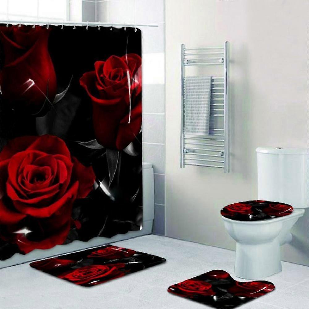 4 Pcs Rose Shower Curtain Set 71"x71" with 12 Hooks, Compatible with Bathroom, Includes Mat, Toilet Cushion