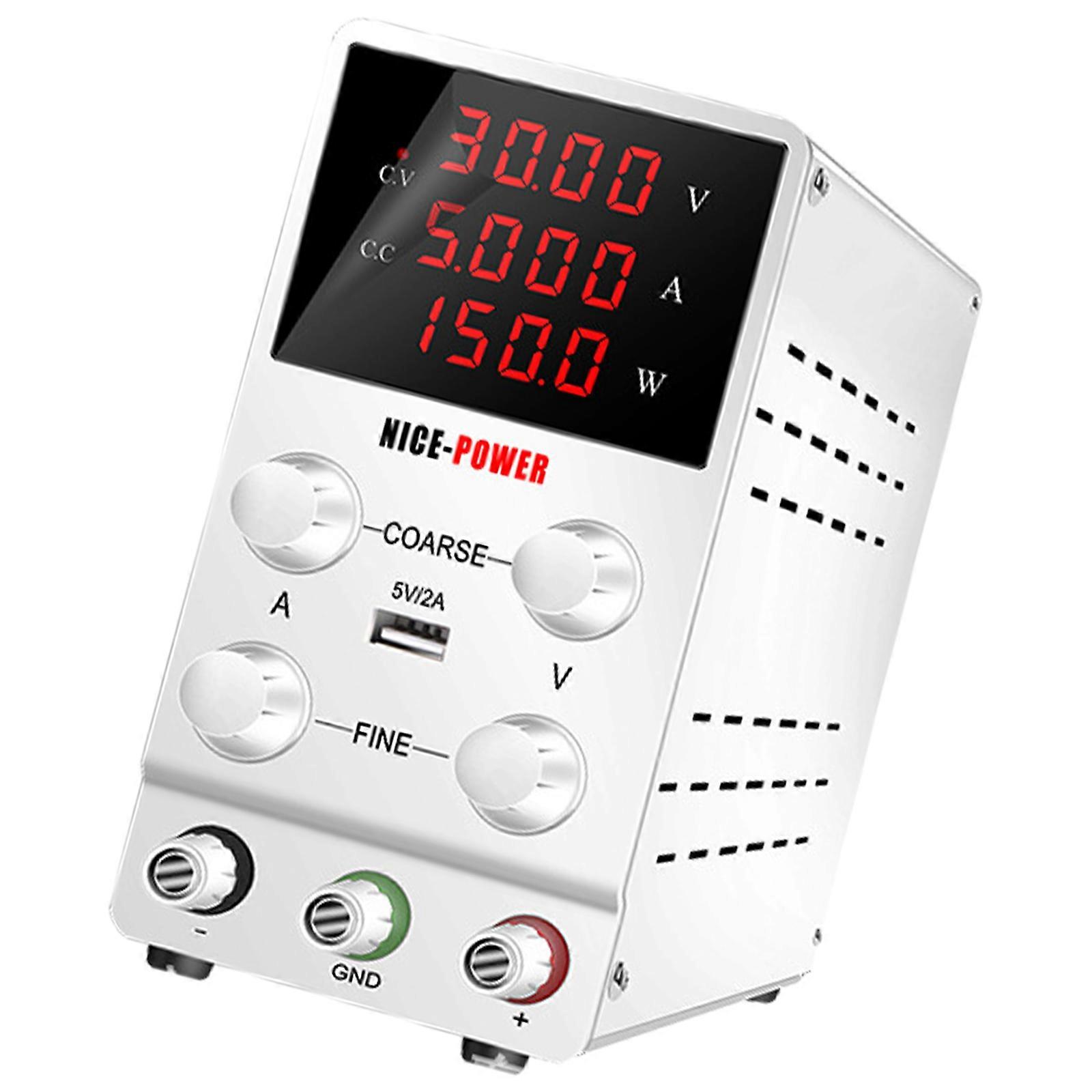 Adjustable 30V 10A Power Supply With USB Encoders Controlled and Safety Features Overloads Protective Color Display  White