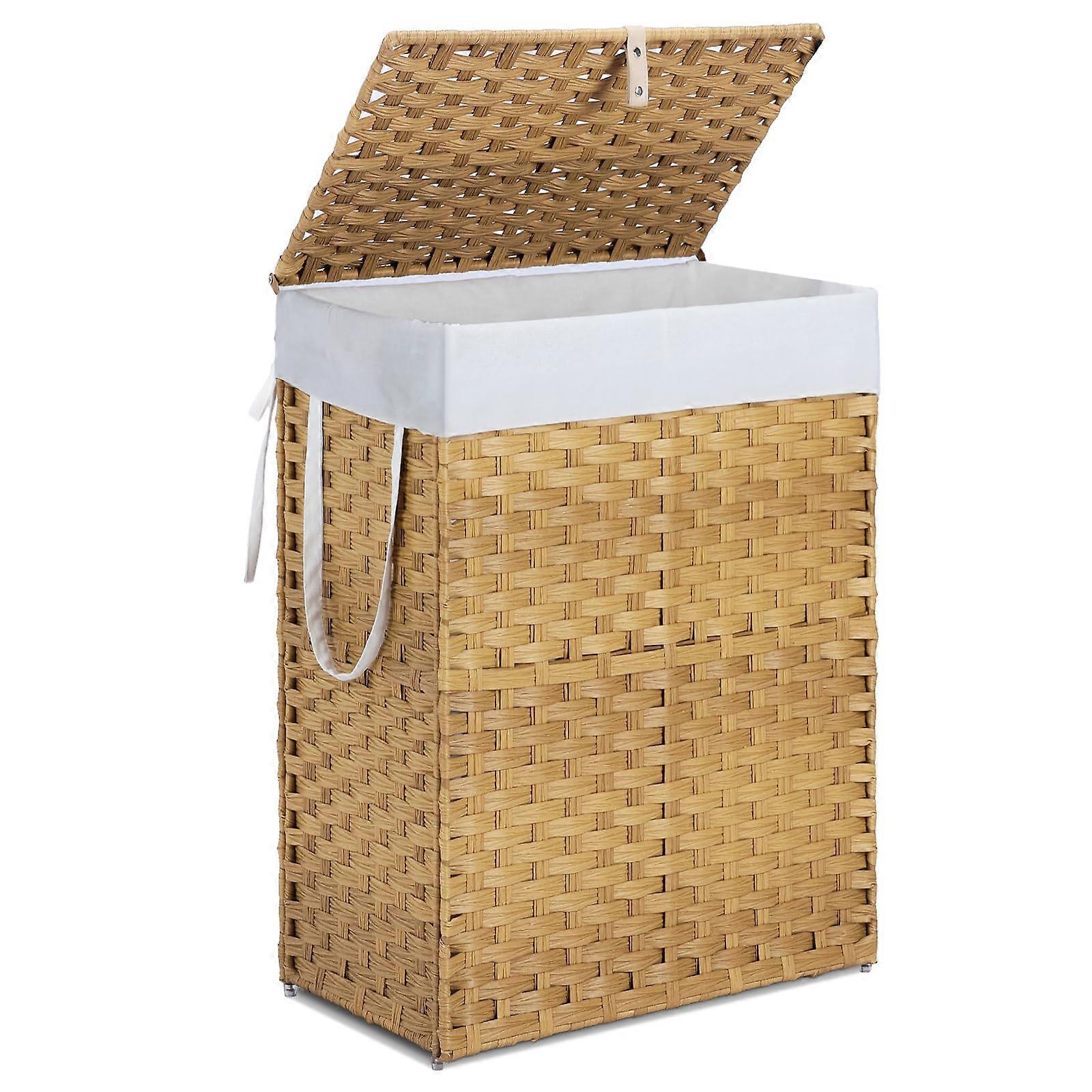 Laundry Basket with Lid 90L Large Rattan Hamper, Foldable Steel Frame, Washable Liner, Odor Control Goose Yellow