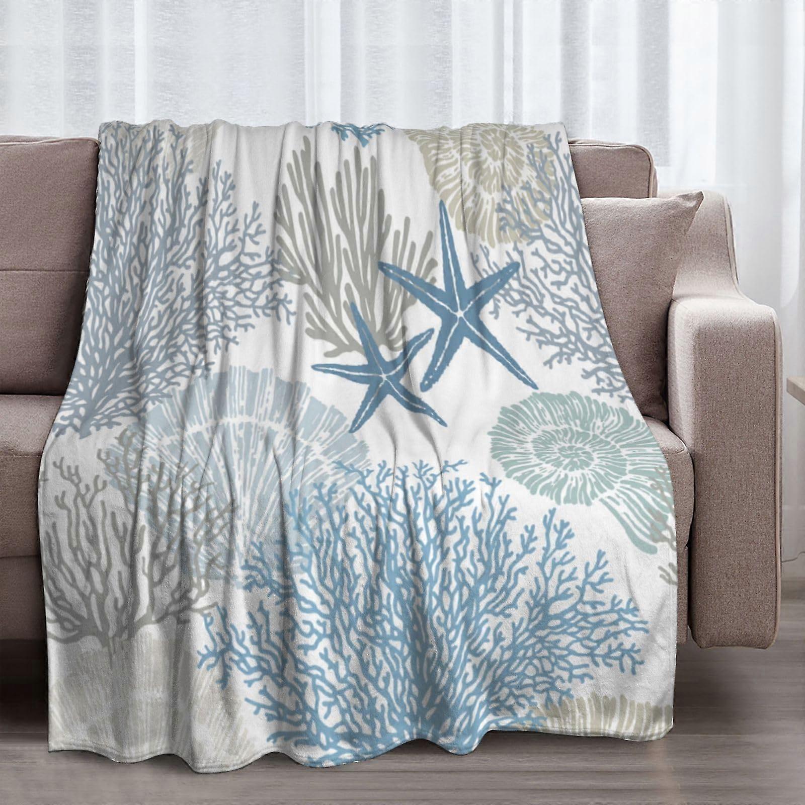 Coastal Throw Blanket Soft Lightweight Fleece Starfish Seashell Coral Beach Theme Sofa 50x40in