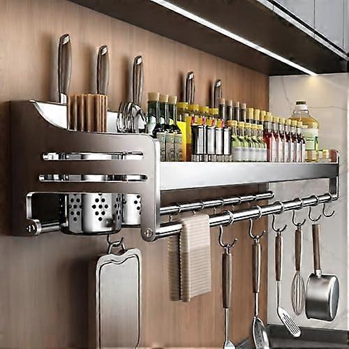 304 Stainless Steel Wall Mounted Kitchen Organizer with Spice Rack and Hooks for SpaceSaving Storage