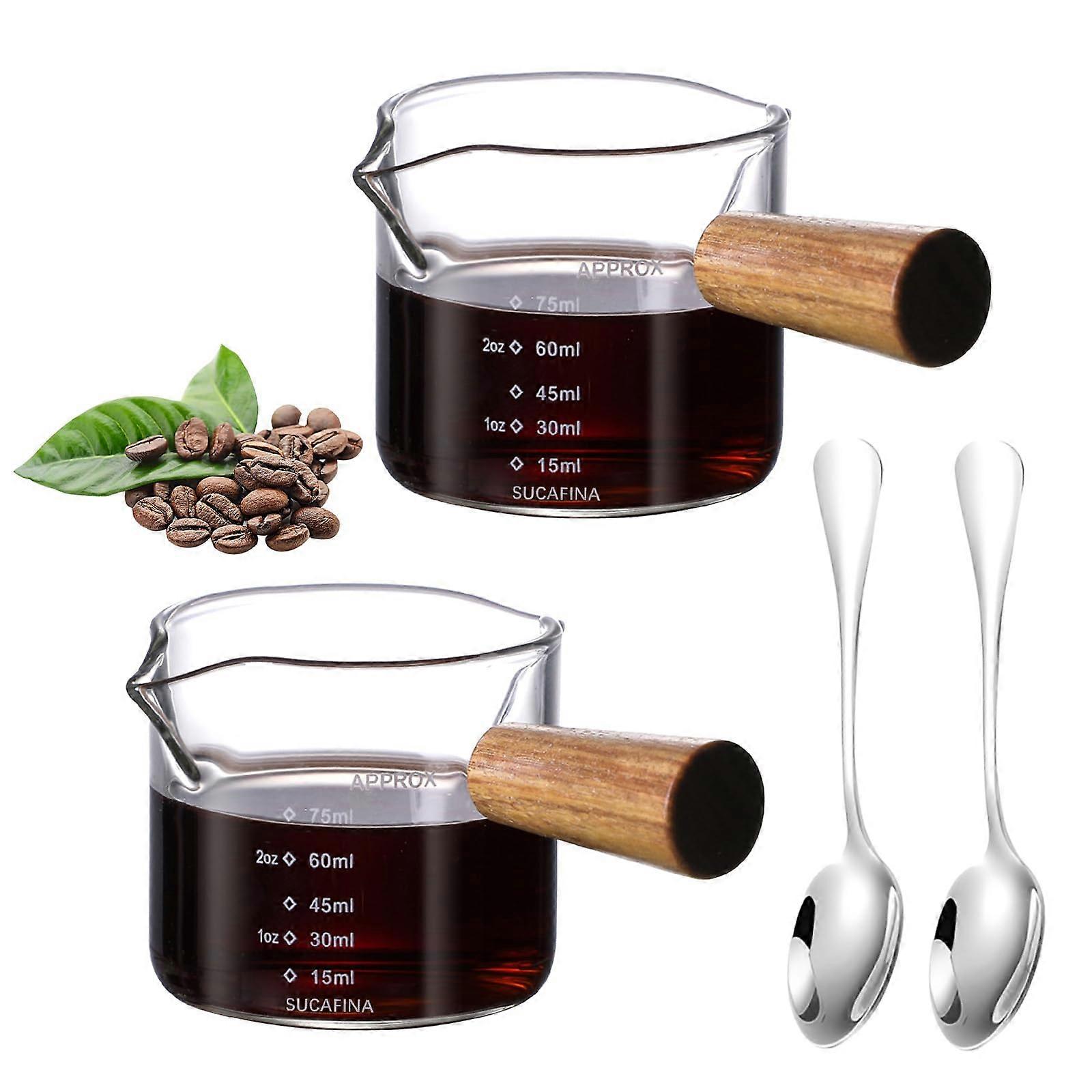 Espresso Cups Set of 2, 2.5oz Borosilicate Glass with Wooden Handle, Dual Scale, Precision Pour