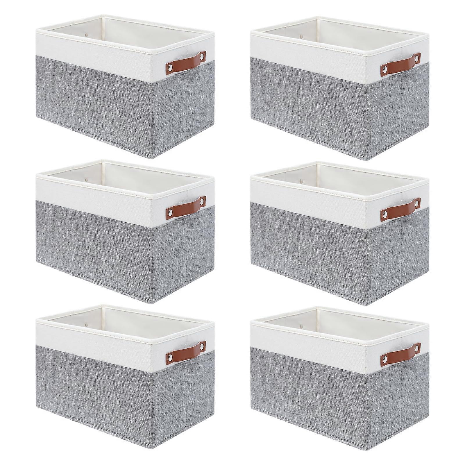 Set of 6 Collapsible Fabric Storage Baskets with Leather Handles for Home and Office, White Grey Linen 15x10x9