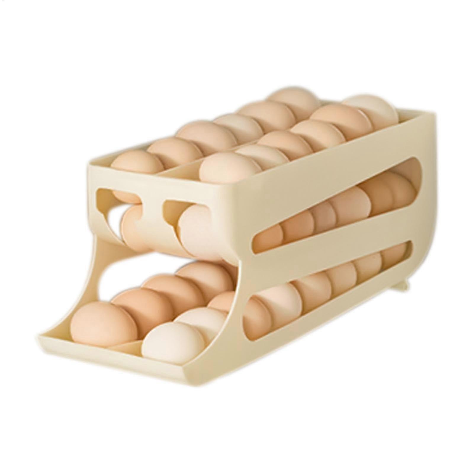 Automatic Rolling Egg Dispenser and Organizer for Refrigerator, Stackable Large Capacity Beige