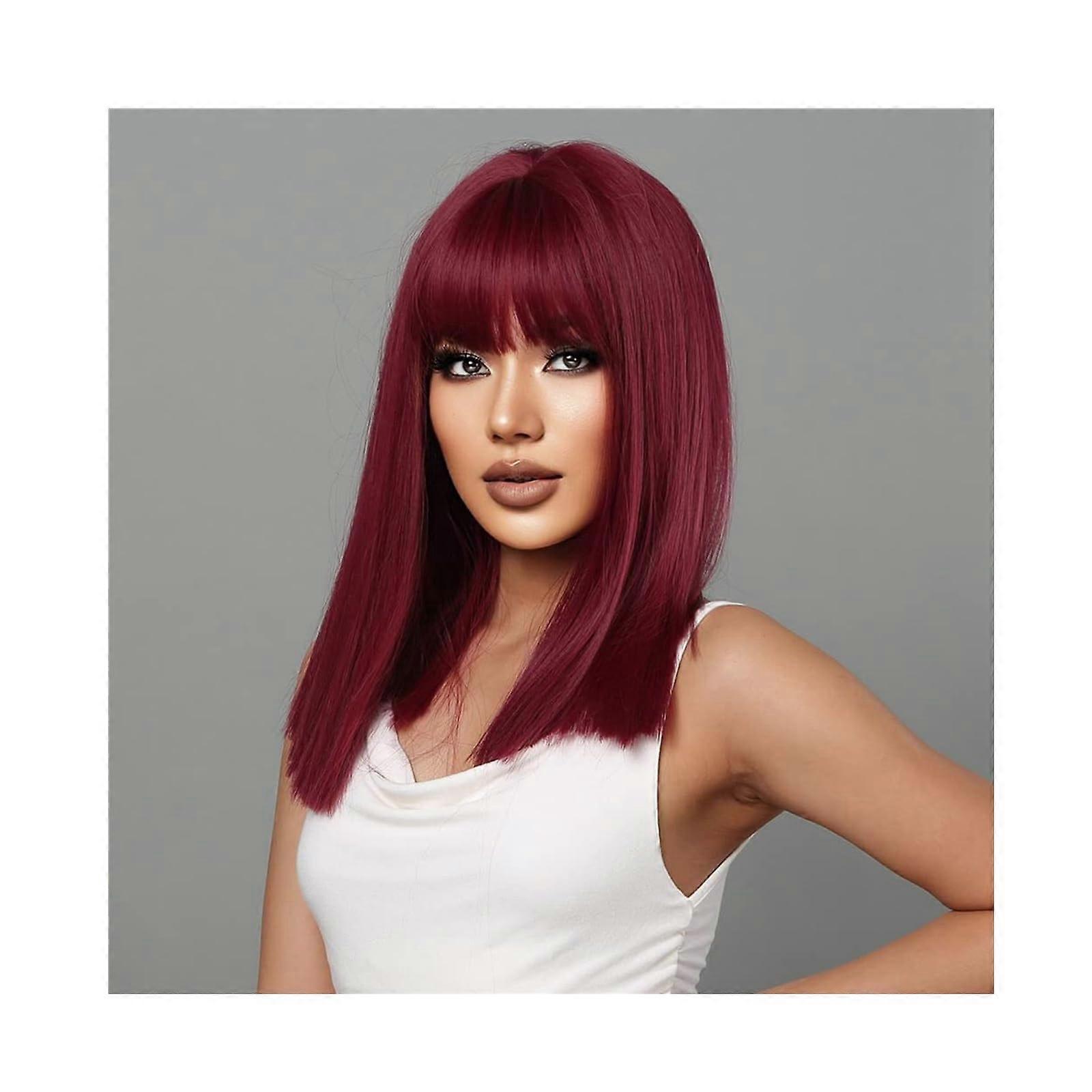 Wedding Wig Long Straight Gradient Wine Red Heat Resistant Full Head with Bangs for Brides