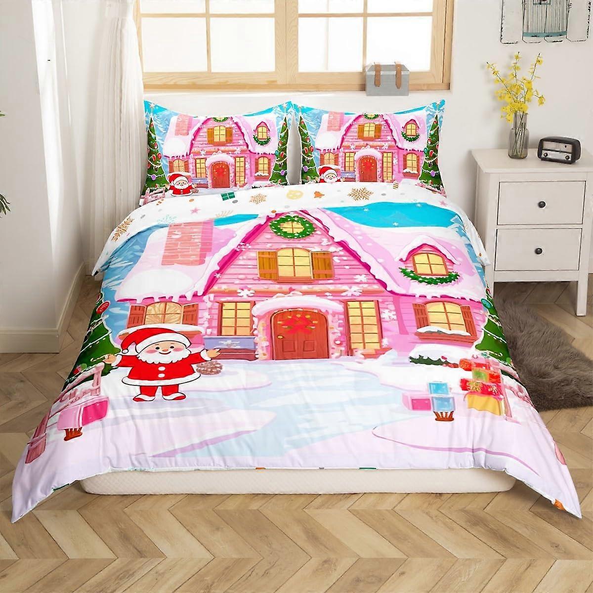 King Size Pink 3D Print Duvet Cover Set with Cute Santa Claus, Soft Breathable Microfiber