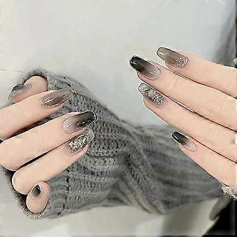 Grey Black Press on Nails Medium Length Gradient French Glitter Acrylic Fake Nails Reusable Set for Women