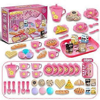 33 PCS Pink Play House Kitchen Tableware & Tea Set Toy - Imaginative Role Play with Pretend Food & Storage Box