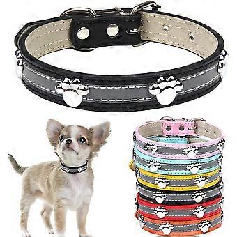 Reflective Dog Collar with Cute Paw Rivet Studded Funny Soft PU Leather Adjustable Puppy Dog Collars for Small Medium Large Dogs Cats Black Large (Pac