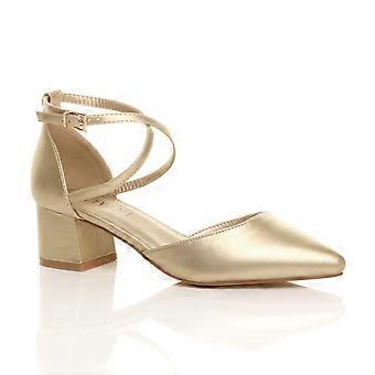 Mid Block Heel Crossed Strap Pointed Toe 2 Part Heels