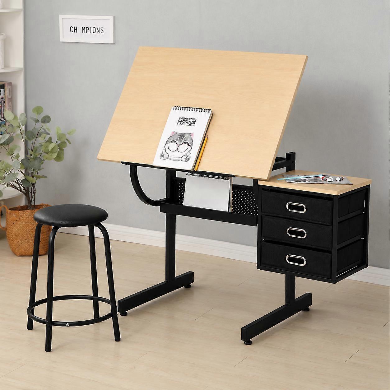 Maple drafting drawing table with stool and 3 drawers maple