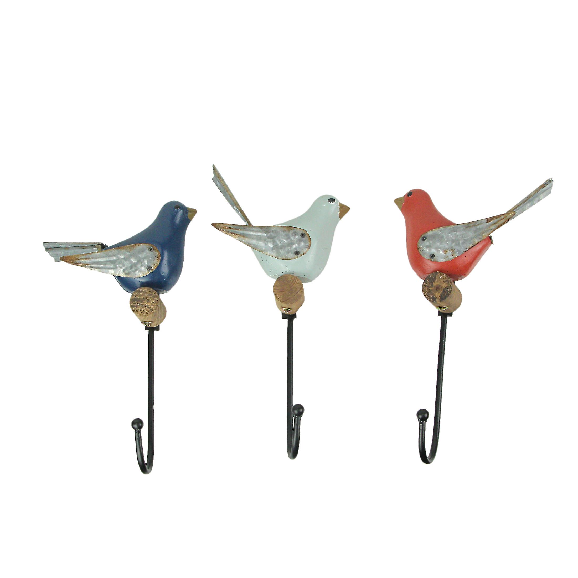 Trio of Distinctive Bird-Themed Wall Hooks in Red, White, and Blue, Crafted from Wood and Metal, Ideal for Coats, Towels, Keys, and Dog Leashes, Each 11.75 Inches High
