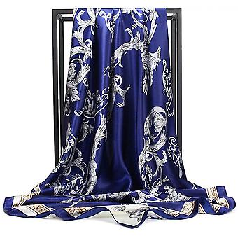 Womens Silk Scarf Belt Pattern Large Square Satin Headscarf Headdress 35", Dark Blue