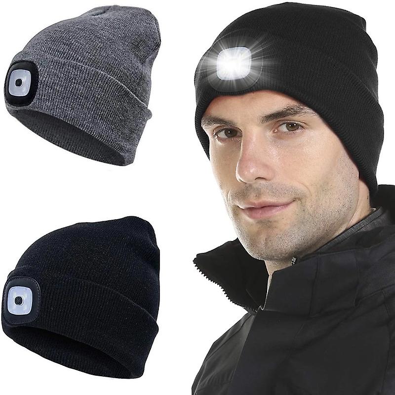 LED Lighted Beanie Cap, Rechargeable 4 LED Head Lamp Hat, Winter Warm Cycling Hunting Knitted Hat (2 Pack)