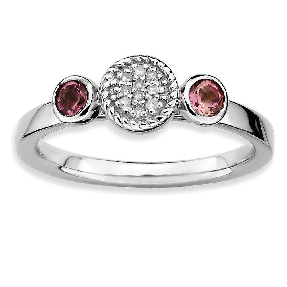 925 Sterling Silver Bezel Polished Prong set Stackable Db Round Pink Tourm. and Dia. Ring-Stackable-Ring for Women - Rin