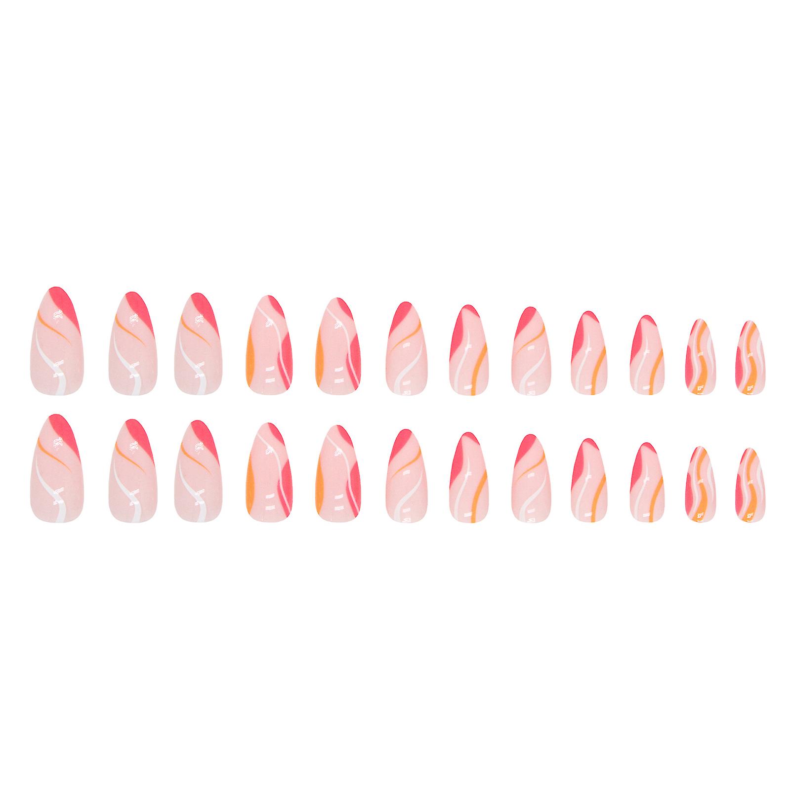 Pink & Rose Red Wave Printed Almond False Manicure Charming Com