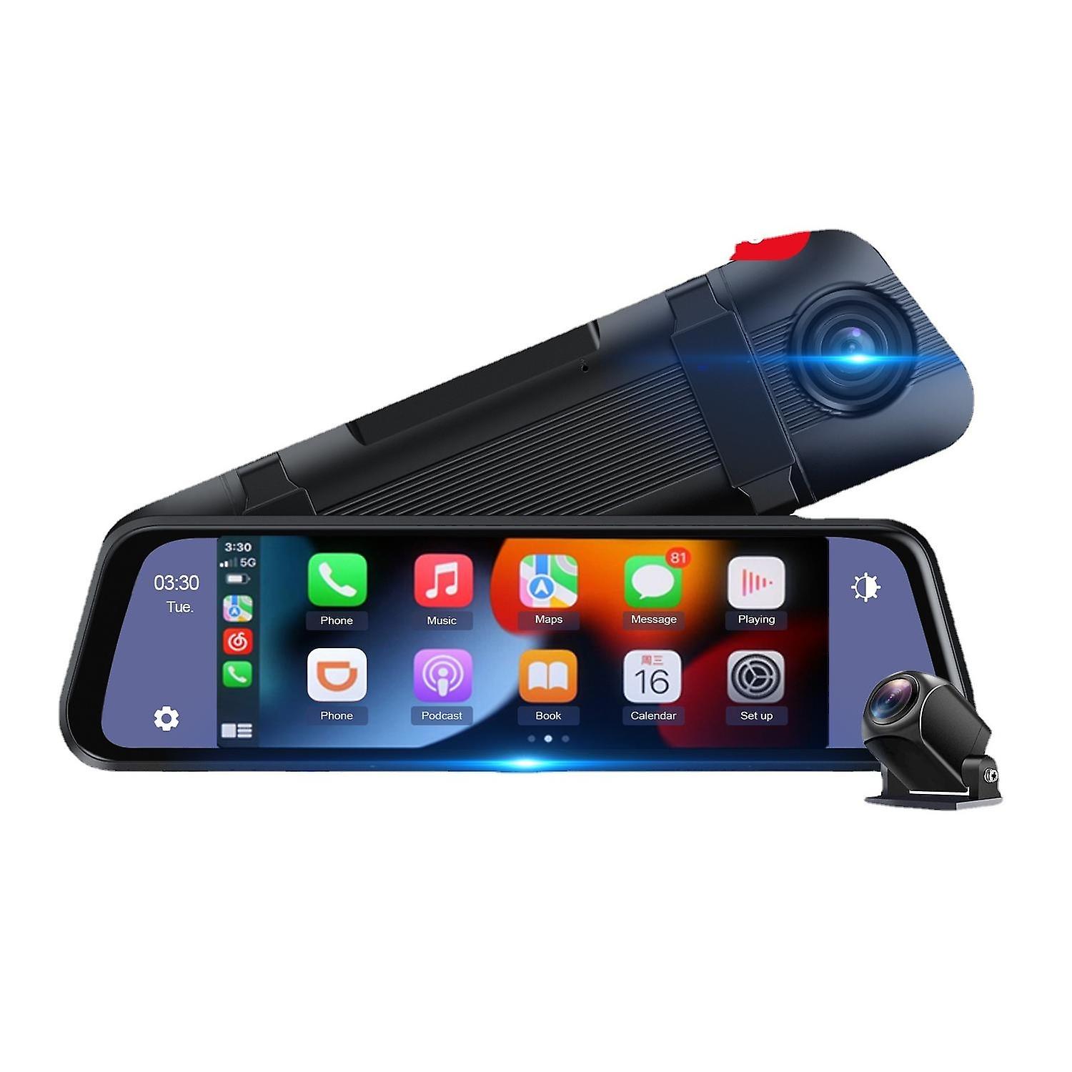 Double objectif adapté à Apple Carplay navigation sans fil rétroviseur enregistreur de conduite