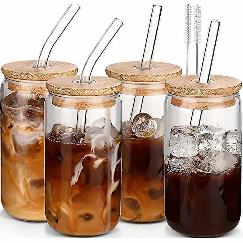 4 Stück Glasbecher 16 Unzen, Glas mit Deckel und Strohhalm, Weinglas, verdickte Glaswand, Bier, Cocktail oder tägliche Kaffeetasse