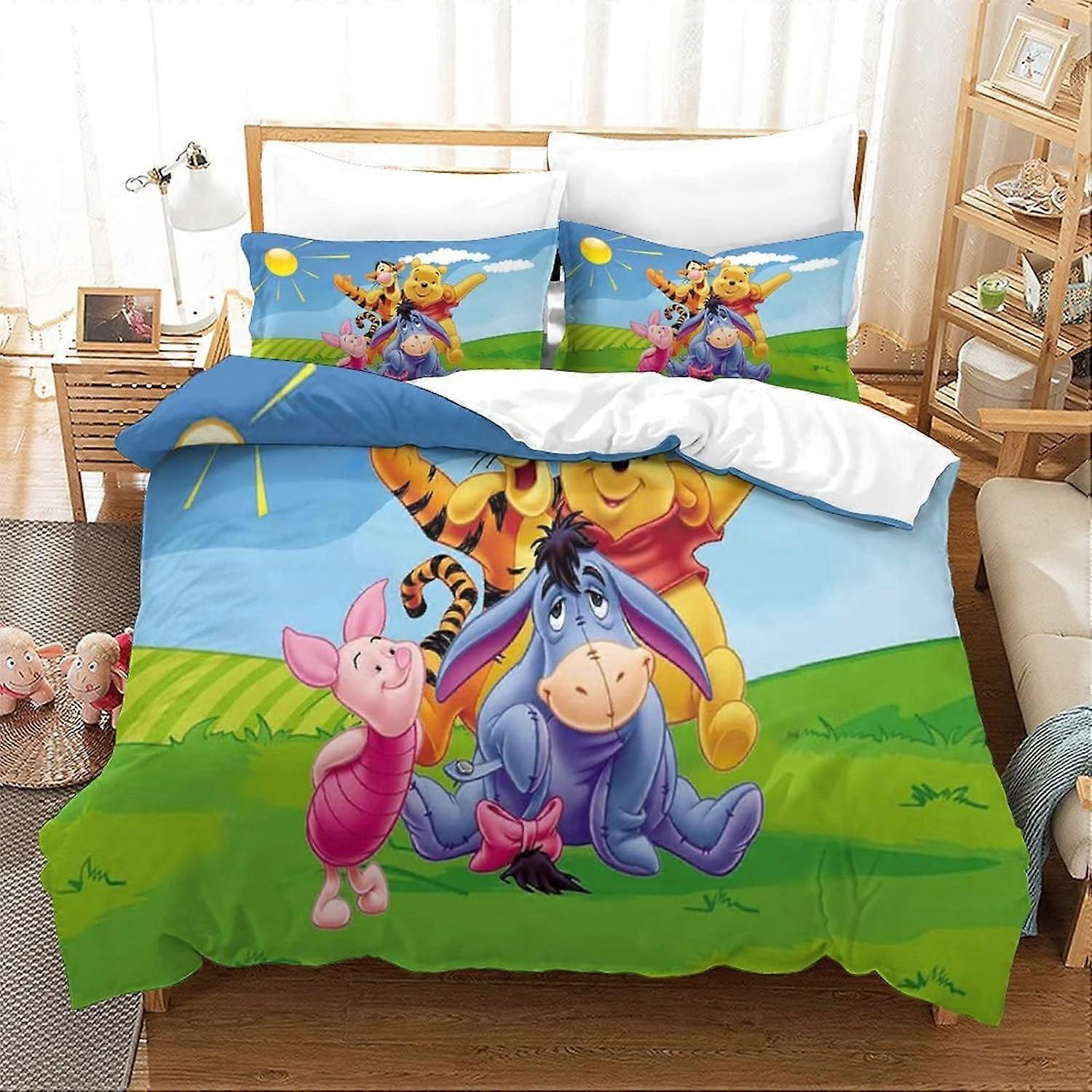Winnie the Pooh Duvet Cover Set Animated Characters Pattern Soft Microfiber Bedding Set with Zipper Closure for Girls Boys Kids