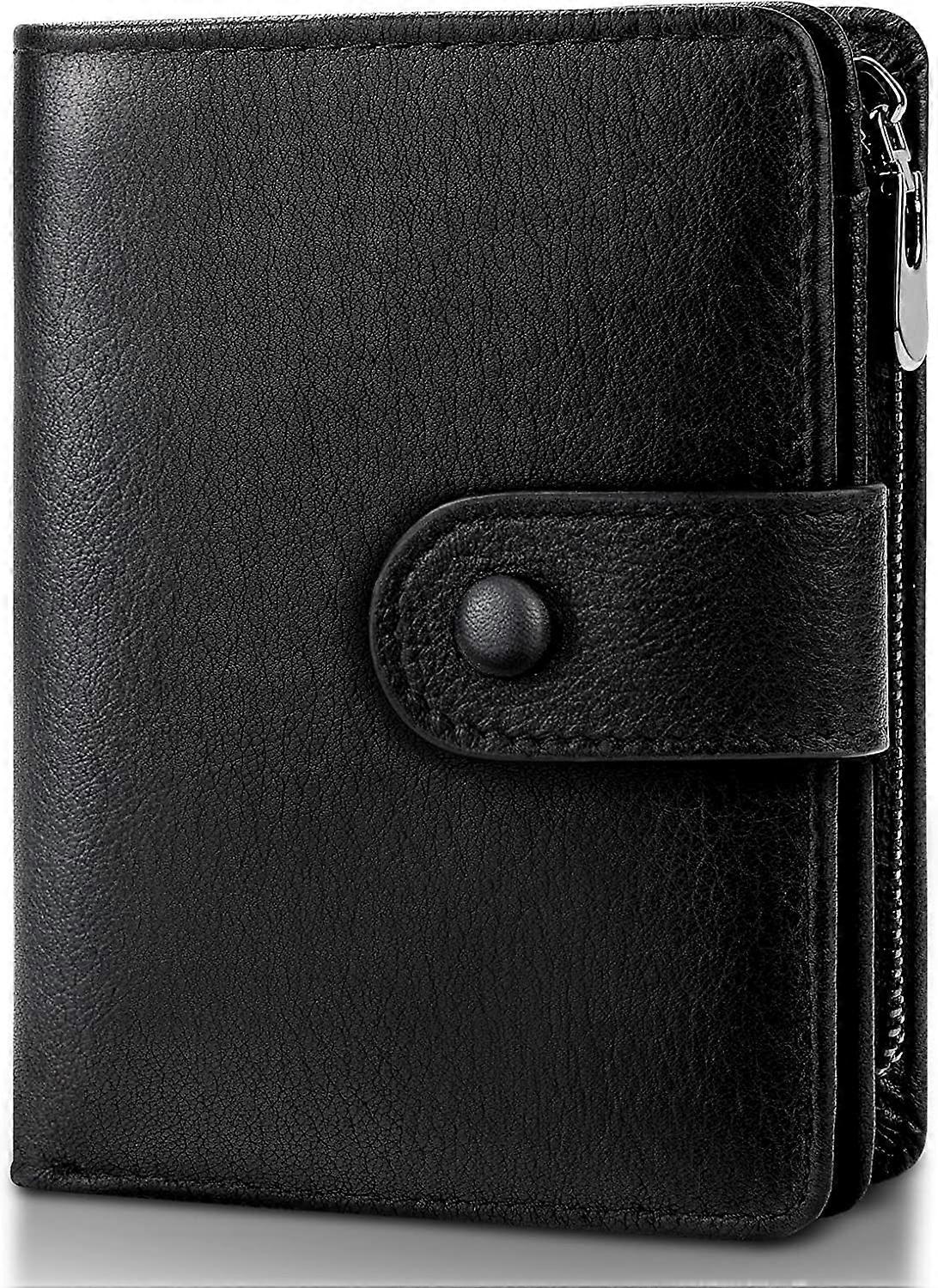 Genuine Leather Men's Wallet (Black), Minimalist Men's Coin Purse Small RFID Blocking Trifold Wallet Card Holder with Zippered Coin Pocket