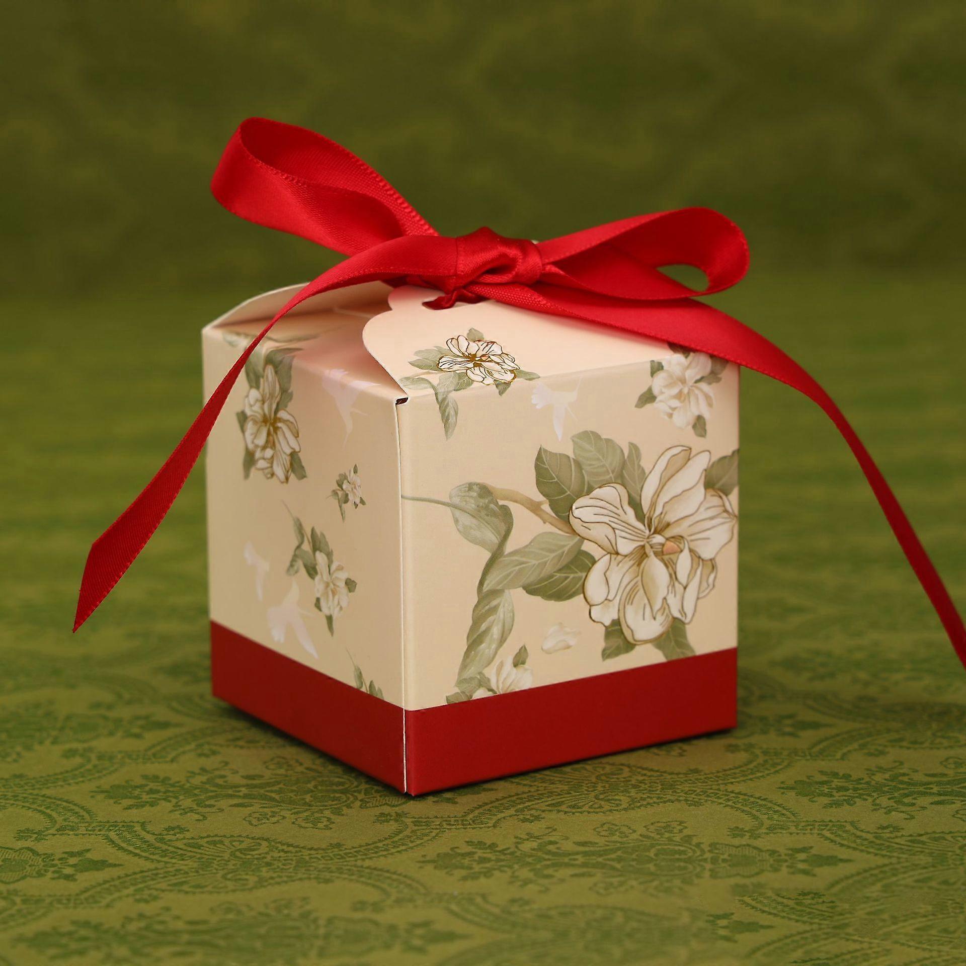 20 Pcs/Lot Creative Contrasting Color Square Wedding Candy Box Camellia Pattern Festive Small Gift Box with Ribbon