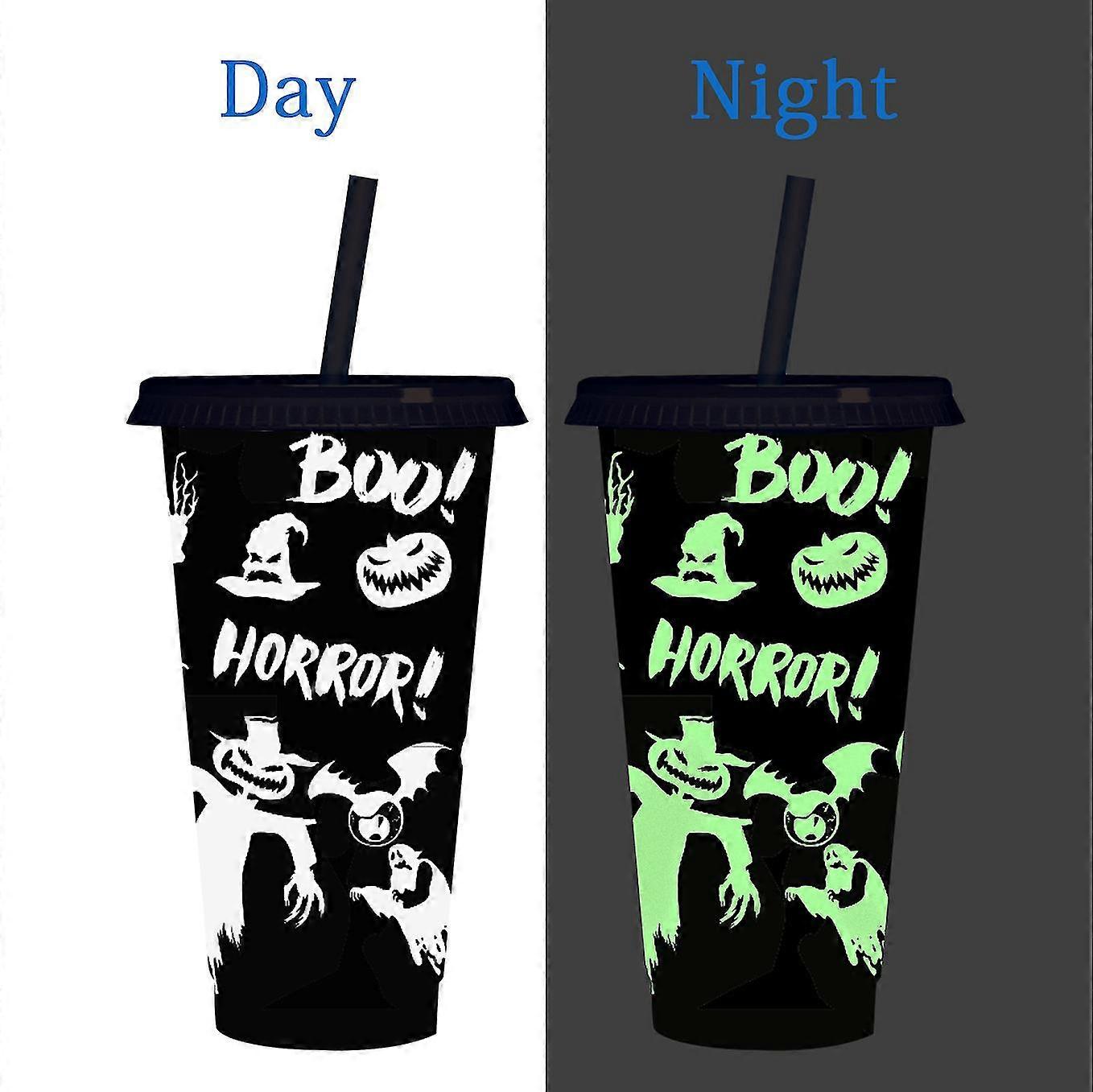 Halloween Plastic Color-changing Luminous Cup 710ml Single-layer Coffee Temperature Straw Christmas Color-changing Cup