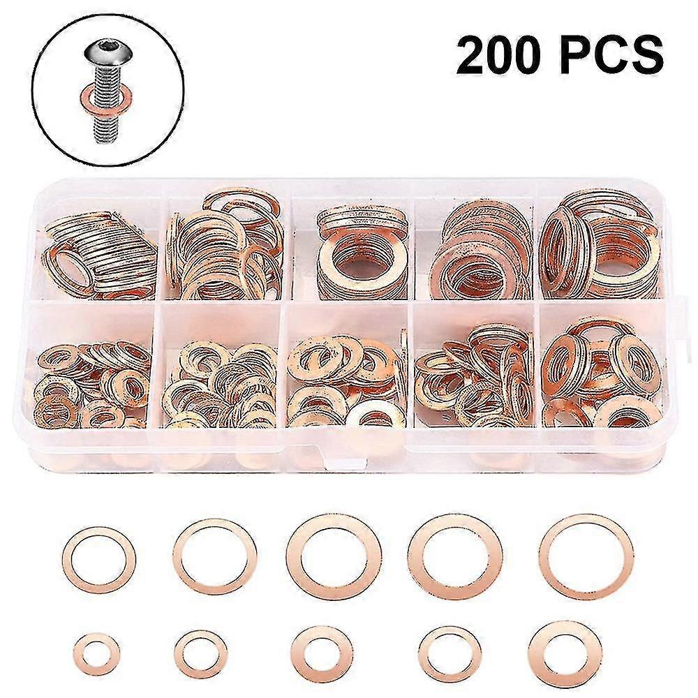 200pcs Flat Copper Washer Assortment Set M5-m14 O Ring Copper Gaskets