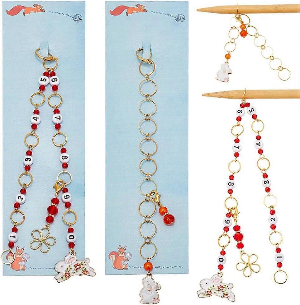 Acrylic Beaded Knitting Row Counter Chains with Alloy Enamel Rabbit Charm Golden 17.2~30.4cm 2pcs/set